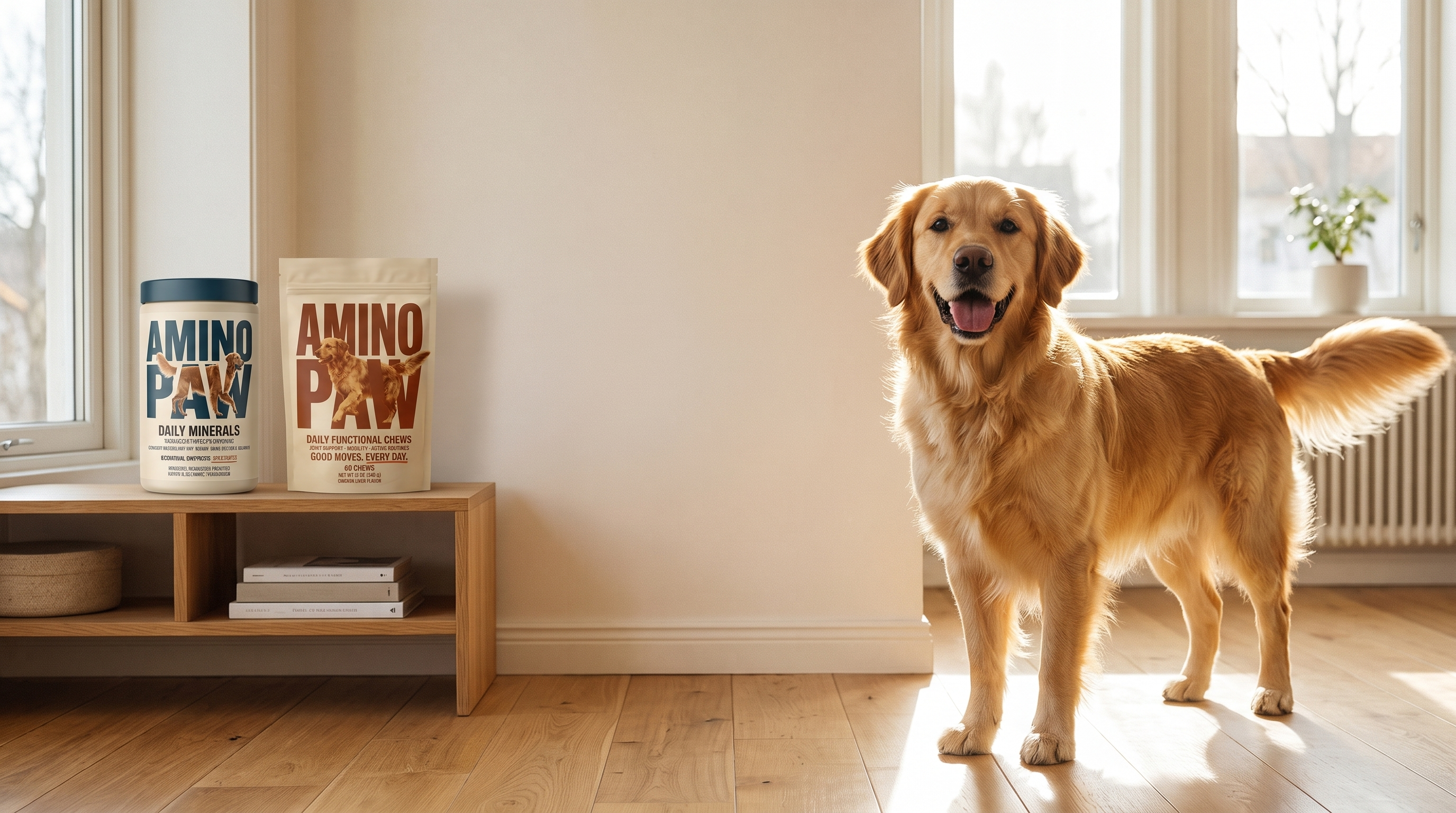 Golden retriever at home with AminoPaw products