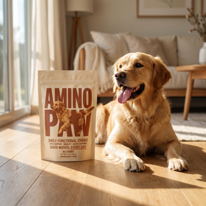 AminoPaw Daily Functional Chews pouch beside relaxed golden retriever, lifestyle