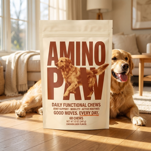 AminoPaw Daily Functional Chews pouch with golden retriever, sunlit living room