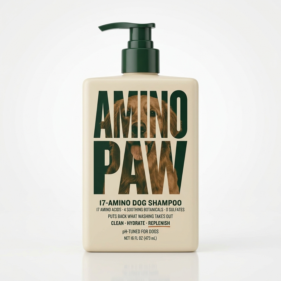 AminoPaw 17-Amino Dog Shampoo bottle, cream with pine-green pump, studio packshot