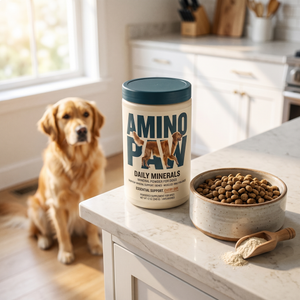 AminoPaw Daily Minerals canister on kitchen counter with dog bowl and golden retriever